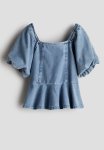 Denim-look Peplum Blouse - Denim Blue