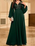 Contrast Sequin V-neck Formal Dress Elegant Lantern Sleeve A-line Flowy Maxi Dress For Wedding Guest & Banquet Women's Clothing