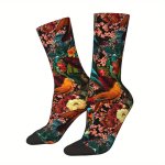 1 Pair Of Unisex Harajuku Vintage Style Novelty Flower & Birds Pattern Crew Socks Trendy 3D Digital Printed Men Women Socks Craz