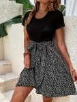 Floral Print Belted Splicing Dress Elegant Crew Neck Short Sleeve Dress For Spring & Summer Women's Clothing