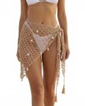 Women Crochet Cover-up Skirt Triangle Shawl Mermaid Skirt Hollow Out Fishnet Shell Swimwear Bikini Cover Up Khaki
