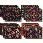 4PCS Placemats Day Of The Dead Sugar Skulls Floral Printed Placemats Festive Dining Table Mats Polyester Colorful Flower Pattern