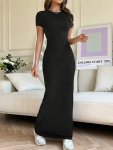 Solid Color Slim Dress Elegant Crew Neck Short Sleeve Maxi Dress For Summer & Spring Women's Clothing