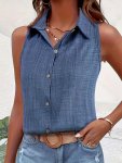 Solid Color Button Front Tank Top Casual Sleeveless Lapel Collar Tank Top For Spring & Summer Women's Clothing
