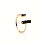 Black Obsidian Ring Double Obsidian Bar Open Ring Healing Strength Reiki Ring Minimalist Delicate Vintage Style Ring 18K Gold Pl