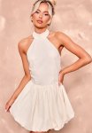 Woven High Neck Tie Back Puff Ball Dress - Cream