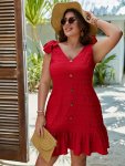 Plus Size Textured Button Decor Ruffle Hem Dress Casual V Neck Sleeveless Dress For Spring & Summer Women's Plus Size Clothing W