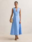 Pippi Petite V Neck Linen Midi Dress - 16 Azurine