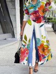 Floral Print Single Breasted Split Blouse Elegant Long Sleeve Maxi Blouse For Spring & Fall Women's Clothing