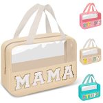 Preppy Clear Mama Makeup Bags With Chenille Letter Patches Travel Essentials Large Clear Make Up Bag Zipper Pouch With Handle Wa