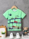 Boy's Cartoon Car Print T-Shirt Short Sleeve Casual Round Neck Comfortable Summer Tee Tops