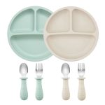 Pandaear Baby Feeding Set| 2 Pack Silicone Divided Suction Plate 2 Set Toddler Spoons & Forks| Baby LED Weaning Supplies Self Fe