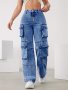 Women's Casual Style Plain Multi-pocket Cargo Denim Jeans High Waist Loose Fit Fashion Pants For Daily Wear