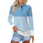 Polo Shirts For Womens V Neck Lapel Long Sleeve Tops With Collar Button Fall Loose Golf Casual Business Tunic BLOUSES1-SKY Blue