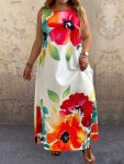 Plus Size Floral Print Longline Tank Dress Vacation Style Sleeveless Crew Neck Dress For Spring & Summer Women's Plus Size Cloth