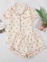 Cherry Print Pajama Set Sweet & Cute Lapel Buttons Top And Bow Shorts Women's Sleepwear & Loungewear