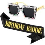 Tihebax Birthday Baddie Sash And Glasses Kit - Birthday Sash For Women Girls & Men Black Glitter Birthday Accessories Outfit Wom