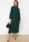 Patterned Sash Detailed Lined Chiffon Woven Dress - Dark Green