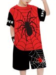 2PCS Boys Spider And Web Print Street Style Versatile Short Sleeve T-Shirt & Shorts Set Cool Lightweight And Comfy Summer Clothe