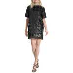 Short Sleeve Houndstooth Jewel Neck Tunic -black