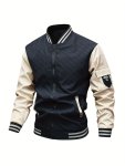 Men's Casual Zip Up Color Block Bomber Jacket Chic Baseball Collar Thin Varsity Jacket