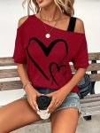 Heart Print Asymmetric Neck T-Shirt Casual Short Sleeve Cold Shoulder Top For Spring & Summer Women's Clothing