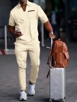 2-PIECE Men's Versatile Waffle Casual Outfit Set Short Sleeve V-neck Golf Shirt With Pockets & Long Pants For Casual Daily Wear