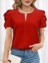 Notched Neck Simple Blouse Elegant Puff Sleeve Solid Blouse For Spring & Summer Women's Clothing