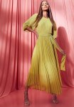 Pleated Puff Sleeve Midi Dress - Chartreuse