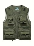 Zipper Pockets Cargo Vest Men's Casual Outwear Zip Up Vest For Outdoor Fishing Photography