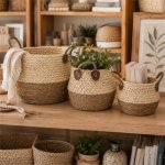 Woven Storage Basket Set Of 3 With Handles Natural Two-tone