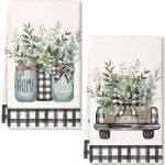 Geeory Eucalyptus Leaves Truck Spring Kitchen Towels Set Of 2 18X26 Inches Black Plaid Dish Cloths -vase Home Bless Farmhouse De