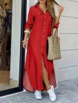 Solid Button Front Shirt Dress Casual Hem Arc Maxi Dress Women's Clothing