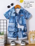 2PCS Boys Casual Versatile Imitation Denim Short Sleeve Lapel Shirt & Shorts Set Cool Lightweight And Comfy Summer Clothes