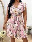 Plus Size Floral Print Pleated Dress Elegant Ruffle Surplice Neck Dress For Summer Women's Plus Size Clothing
