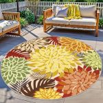 Colorful 6FT Outdoor Round Area Rug Washable Rugs Multicolored Patio Rug Tropical Botanical Floral Chenille Waterproof Outdoor C