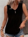 Plus Size Eyelet Solid Button Decor Tank Top Casual V Neck Sleeveless Top For Summer Women's Plus Size Clothing