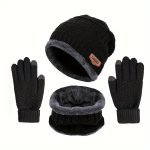 3 Pcs Cuff Knit Hat & Neck Warmer & Gloves Set Letter Patched Thermal Hat And Fleece Neck Warmer Scarf And Winter Full Finger