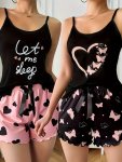 Women's Summer Pajama Set 2-PIECE Casual Spaghetti Strap Top With Alphabets & Heart Butterfly Print Shorts Comfortable Polyester