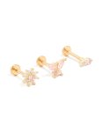 Goldair Gold Plated Titanium Pink Cubic Zirconia Butterfly & Flower Flat Back Studs 3-PACK