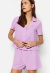 Terrycotton Shirt-shorts Woven Pajama Set - Lilac