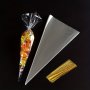 50PCS Cone Cellophane Bags 13.0 24.99CM Cello Clear Cone Shaped Treat Bags With Golden Twist Ties Christmas Plastic Cone Bags Triangle Bags For Popcorn Favor Candy