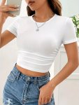 Solid Color Ruched Crop T-Shirt Casual Short Sleeve T-Shirt For Spring & Summer Women's Clothing