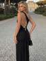 Novelle Women's Elegant Black Fitted Halter Dress Sexy Metallic Ring Waist Backless Slim Fit Long Dress Suitable For Summer Dates Parties And Formal Occasions