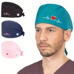 Stylish Surgical Cap With Heart Embroidery - Cotton Knit Fabric Adjustable Tie-back Design For Doctors & Nurses Dustproof & Smok
