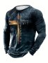 Classic Cross And Letter Print Men's Creative Long Sleeve Crew Neck T-shirt For Spring Fall Gift For Men