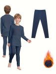 2 Pcs Boy's Casual Underwear Set Solid Warm Thermal Round Neck Long Sleeve & Trousers Comfy & Skin-friendly Set As Daily Gift