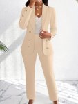 Elegant Solid Color Pants Set Double Breasted Shawl Collar Slim Blazer & High Waist Straight Leg Pants For Office & Work Women's