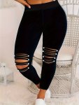 Ripped Solid Color Skinny Leggings Casual High Waist Stretchy Leggings For Daily Wear Women's Clothing