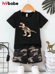 2PCS Boys Casual Camouflage Dinosaur Graphic Print Short Sleeve T-Shirt & Shorts Set Comfy Summer Boys Clothes